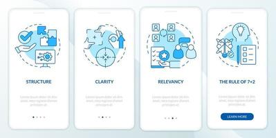 zakelijke communicatie benodigdheden blauw onboarding mobiel app-scherm. walkthrough 4 stappen grafische instructiepagina's met lineaire concepten. ui, ux, gui-sjabloon. talloze pro-bold, reguliere lettertypen gebruikt vector