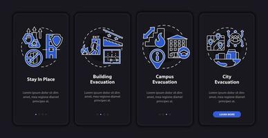 evacuatietypes nachtmodus onboarding mobiele app-scherm. oplossing walkthrough 4 stappen grafische instructiepagina's met lineaire concepten. ui, ux, gui-sjabloon. talloze pro-bold, reguliere lettertypen gebruikt vector