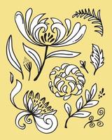 hand getekende bloem chrysanten en tropische bladeren. vector illustratie.