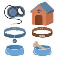 een set accessoires voor honden en katten, een hokje, kommen met eten, een riem en halsbanden met een medaillon. vector