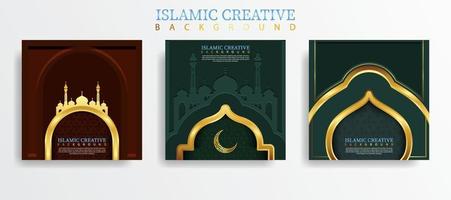 set wenskaart islamitische achtergrond sjabloon met ontwerp techniek gemaakt met textuur en decoratieve kleurrijke details van islamitische kunst ornamenten bloemen mozaïek vectorillustratie. premium vector