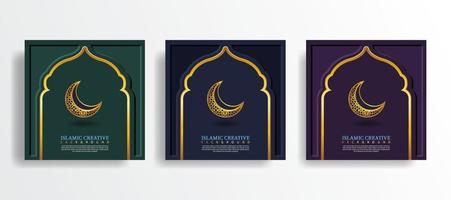 set wenskaart islamitische achtergrond sjabloon met ontwerptechniek gemaakt met textuur en decoratieve kleurrijke details van islamitische kunst ornamenten bloemen mozaïek vectorillustratie vector
