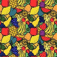 naadloos gekleurd fruitpatroon. doodle illustratie met banaan, ananas, appel, kers, citroen, avocado, druif, watermeloen, sinaasappel. vintage fruitpatroon, zoete elementenachtergrond voor uw project vector