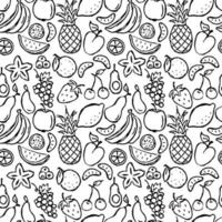naadloze groenten en fruit vector patroon. doodle vector met groenten en fruit pictogrammen op witte achtergrond. vintage veganistisch patroon