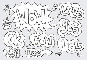hand getekende set tekstballonnen met handgeschreven korte zinnen wow,lol,pow,ja,liefde,ok,nee,hier op grijze achtergrond. vector