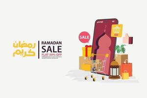 ramadan verkoop banners op mobiel online, korting en beste aanbieding tag, label of sticker set ter gelegenheid van ramadan kareem en eid mubarak, vectorillustratie vector