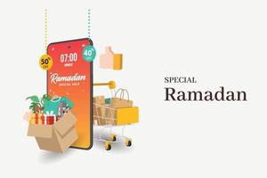 speciale ramadan banners op mobiele telefoon, korting en beste aanbieding tag, label of sticker set ter gelegenheid van ramadan kareem en eid mubarak, vectorillustratie vector