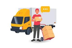 digitale online winkel wereldwijde logistieke vrachtwagen en lachende jonge mannelijke postbezorger koerier voor bestelwagen die pakket levert. 3d vectorillustratie