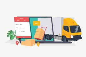 online bezorgservice en tracking-app-concept, online gele bezorging, bezorging aan huis en op kantoor. magazijn, vrachtwagen, heftruck, op laptop. vector illustratie