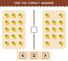 vind de juiste antwoorden van cartoon abrikoos. zoek- en telspel. educatief spel voor kleuters en peuters vector