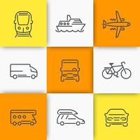 vervoer pictogrammen, auto, bestelwagen, bus, trein, vliegtuig, schip lineaire pictogrammen op pleinen, vectorillustratie vector