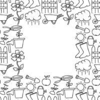 naadloos tuinpatroon met plaats voor tekst. doodle vector met tuinieren pictogrammen. vintage tuinieren pictogrammen op witte achtergrond
