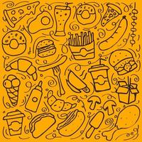 oranje patroon met fastfood pictogrammen. doodle voedsel achtergrond vector