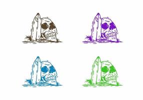 lijntekeningen tekening van schedelhoofd en surfplank in vier kleurenvariaties vector