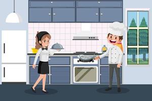 chef-kok en serveerster werken in de keuken vector