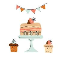 afternoon tea stand set met gebak, koffiehuis iconen van desserts. vector