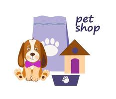 dierenwinkel banner ontwerpsjabloon. vector cartoon illustratie van hond, huis, eten