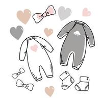 set hand getrokken babymeisje en jongen. cartoon schets stijl doodle voor pictogram, banner. elementen kleine meisjes kleding. vector