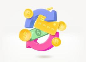 cashback-concept met geld en pijlen. 3d vectorillustratie vector