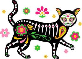dag van de doden, dia de los muertos, schattige kattenschedel en skelet versierd met kleurrijke mexicaanse vector