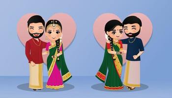 set van leuk paar in traditionele Indiase kleding stripfiguren bruid en bruidegom. bruiloft uitnodigingen kaart. vector