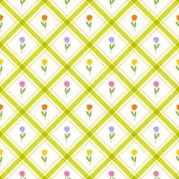 schattig tulp blad tak stengel stok element roze paars lila violet geel oranje groen diagonaal streep gestreept lijn kantelen geruit plaid tartan buffel scott boerenbont patroon illustratie inpakpapier vector