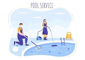 zwembadservicemedewerker met bezem, stofzuiger of net voor onderhoud en reiniging van vuil in platte cartoonillustratie