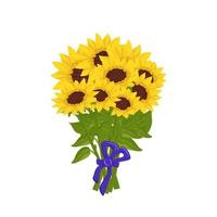 helder boeket zonnebloembloemen met gele bloemblaadjes, bladeren en boog. element van de natuur, plant voor decoratie en design, cadeau voor vakantie. platte vectorillustratie vector