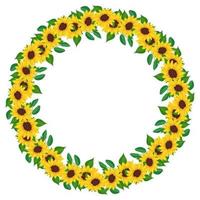 gele zonnebloemkrans met groene bladeren. rond frame, schattige heldere bloemen met donkere harten. feestelijke decoraties voor bruiloft, vakantie, ansichtkaart, poster en design. platte vectorillustratie vector