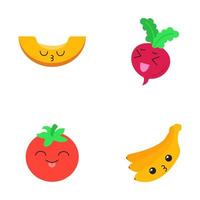 groenten en fruit schattige kawaii platte ontwerp lange schaduw tekens set. tomaat, zoenende banaan en meloen, lachende rode biet met lachende gezichten. grappige emoji. vector geïsoleerde silhouetillustratie