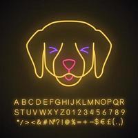 Labrador schattig kawaii neonlicht karakter. hond met lachende snuit. gelukkig dier met loensende ogen. grappige emoji, emoticon. gloeiend pictogram met alfabet, cijfers, symbolen. vector geïsoleerde illustratie