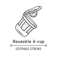 herbruikbare k-cup lineaire pictogram. milieuvriendelijke plastic koffiekop. single-serve zetcapsule. warme dranken pckaging. dunne lijn illustratie. contour symbool. vector geïsoleerde overzichtstekening. bewerkbare streek