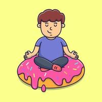 schattige kleine jongen beoefent yoga vasten van donut vector cartoon illustrattion