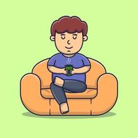 schattige jongen drinkt hete thee op sofa cartoon vectorillustratie vector