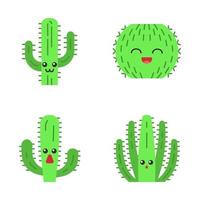 cactussen platte ontwerp lange schaduw kleur iconen set. planten met lachende gezichten. lachende vatcactus. verbaasde olifant wilde cactussen. botanische tuin. vetplanten. vector silhouet illustraties