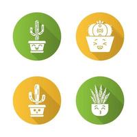 cactussen platte ontwerp lange schaduw glyph pictogrammen instellen. lachende saguaro en peyote cactussen. zoenen zebra huiscactussen. verstilde olifantencactus. botanische tuin. vetplanten. vector silhouet illustratie