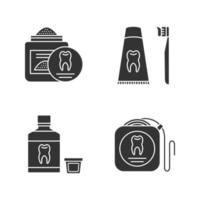 tandheelkunde glyph pictogrammen instellen. stomatologie. tandpoeder, tandzijde, mondwater, tandpasta en tandenborstel. silhouet symbolen. vector geïsoleerde illustratie