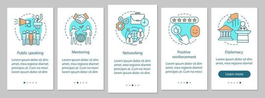 communicatieve vaardigheden onboarding mobiele app pagina scherm vector sjabloon. spreken in het openbaar, mentorschap, diplomatie. werknemer capaciteiten walkthrough website stappen. ux, ui, gui smartphone-interfaceconcept