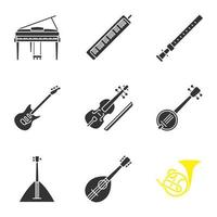 muziekinstrumenten glyph pictogrammen instellen. piano, melodica, duduk, elektrische gitaar, altviool, banjo, balalaika, mandoline, hoorn. silhouet symbolen. vector geïsoleerde illustratie