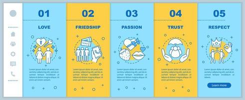 relaties en gevoelens aan boord van mobiele app-paginaschermvectorsjabloon. liefde, vriendschap, passie doorloop websitestappen met lineaire illustraties. ux, ui, gui smartphone-interfaceconcept vector