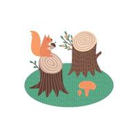 schattige eekhoorn op een stomp met champignons en eikel of noot. geïsoleerde zomer bos print concept. bos dierlijke vectorillustratie. geweldig voor kinderdagverblijfinrichting, kinderposters, kaarten, kindertextieldruk. vector