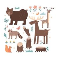 schattige wilde bos dieren clipart collectie geïsoleerd op wit. bos elementen instellen. Scandinavisch stijlconcept voor kindermode, textielprint, poster, kaart. hand getekende vectorillustratie. vector