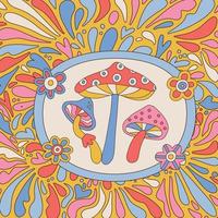 retro 70 s psychedelische hippie paddestoel illustratie print met groovy grafische achtergrond voor sticker of poster - vector hand getekende desing.