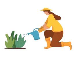 vrouw geeft planten water uit een gieter.agriculture tuinman hobby. werk in de tuin. boer die plant water geeft. vrouwelijke stripfiguur vector