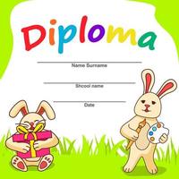 diploma sjabloon voor kids.cartoon karakter konijn met geschenken en paashaas met eggs.flat illustratie vector.website banner concept. vector