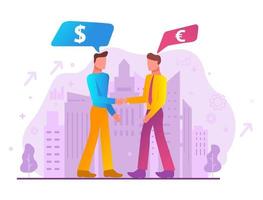 succesvolle zakelijke deal. zakelijke onderhandelingen b2b.speech bubble met dollar en euro signs.vector platte illustration.business-to-business.city silhouet. vector