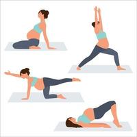 set yogahoudingen voor zwangere vrouwen. prenatale oefening. vectorillustratie op witte achtergrond. vrouw in verschillende poses, asana's vector