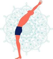 een man die yoga beoefent. silhouetten met mandala op de achtergrond. hasta uttanasana of achterover staande houding. vector illustratie