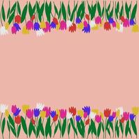 lente bloemen. kleurrijk tulpenkader. horizontale boven- en onderrand, rand, decoratie voor wenskaart, uitnodiging, Valentijnsdag, vrouwen of moederdag. vector