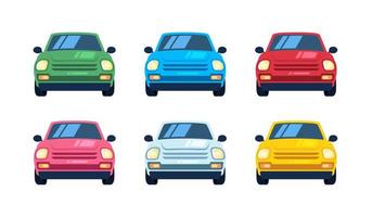 set cartoon kleine auto's, vooraanzicht. stadsvoertuigen van verschillende kleuren, auto ontwerp illustratie set. vector